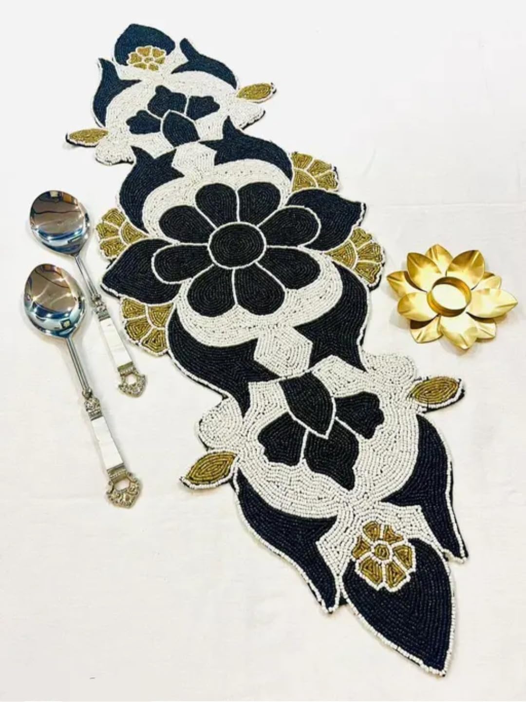 Beaded Table Runner, Black and White Floral Design with Gold Accents, Decorative Centerpiece