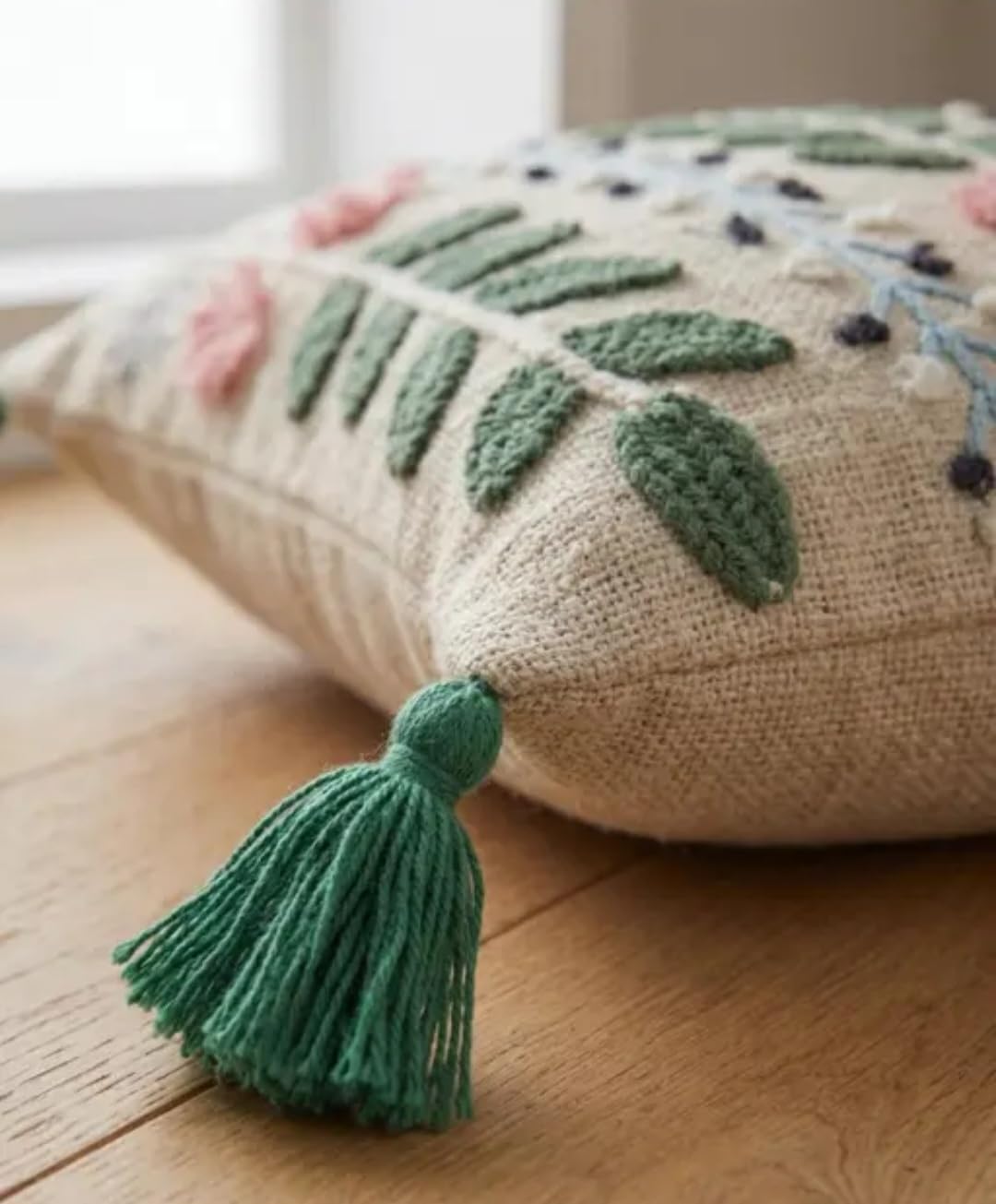 Hand Embroidered Floral Throw Pillow Cover with Green Tassels and Pink Pom-Poms, Boho Botanical Style