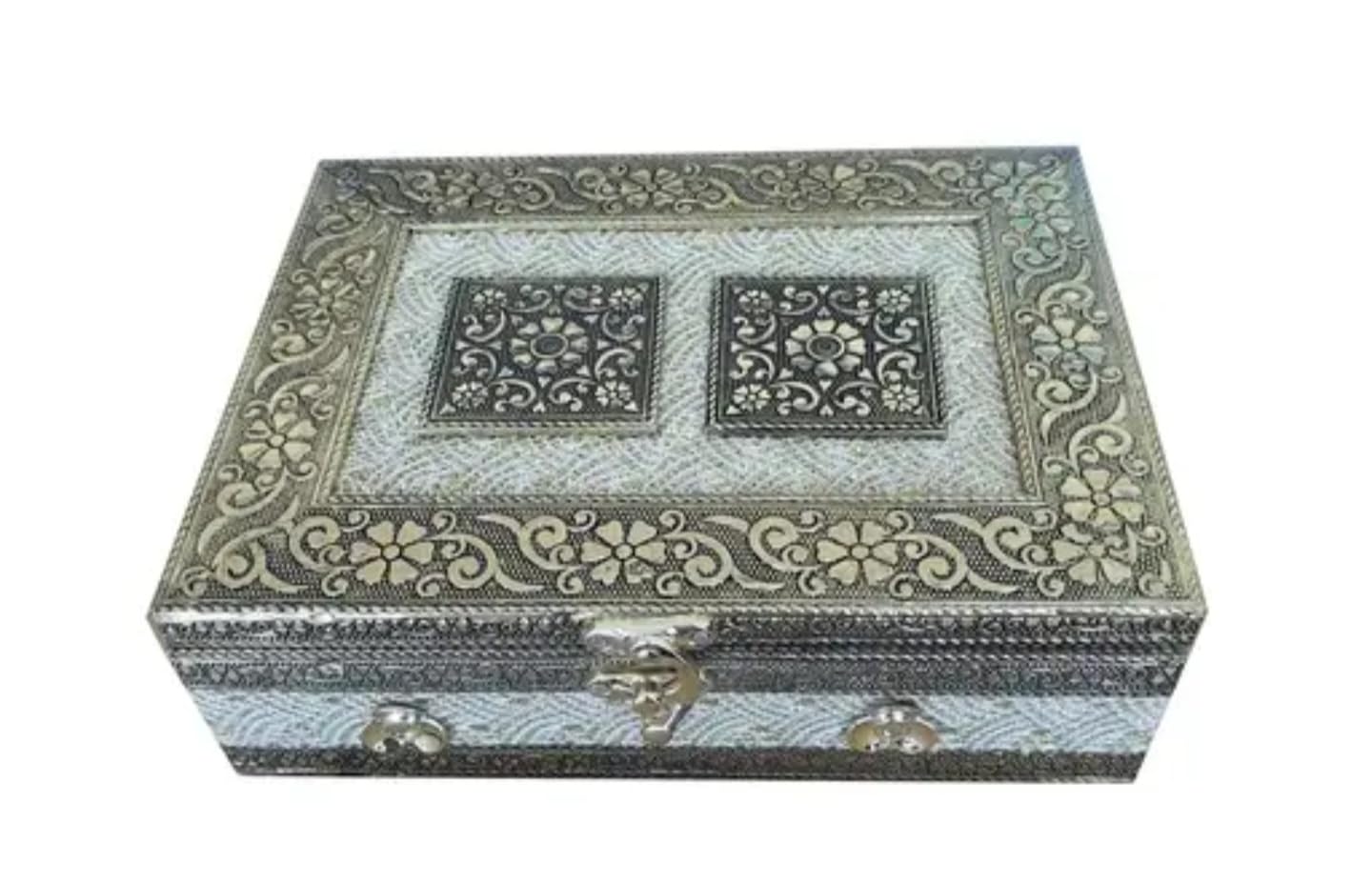 Vintage Decorative Jewelry Box, Silver Gray, Metal Alloy, Square Shape, Floral Pattern Design, Antique Storage Case with Ornate Embossed Details