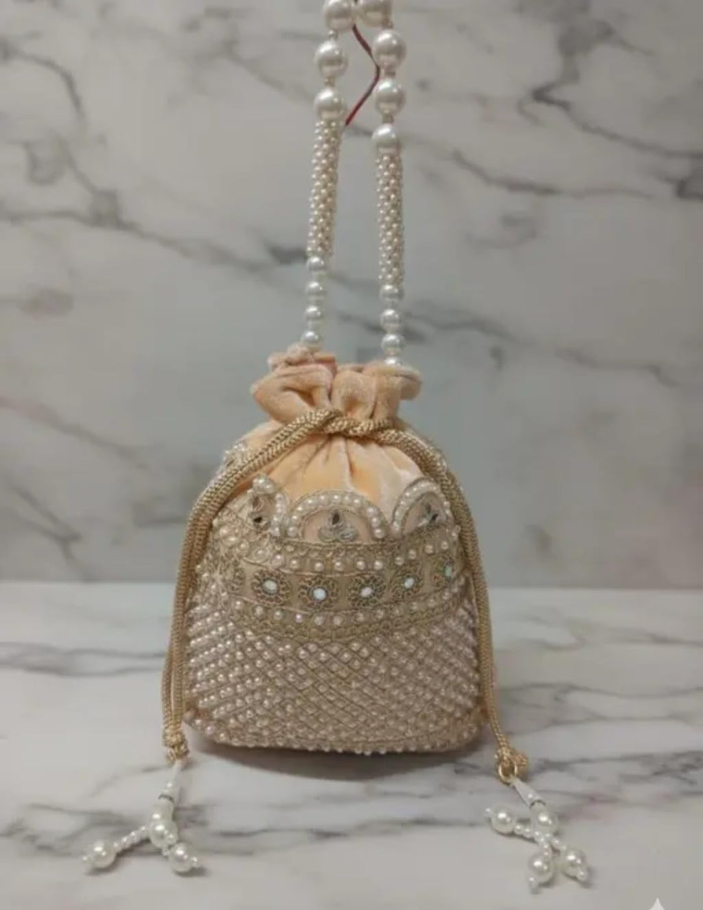 Pearl Embellished Potliie Bag, Cream, Beaded Wristlet, Ethnic Bridal Clutch Purse for Women