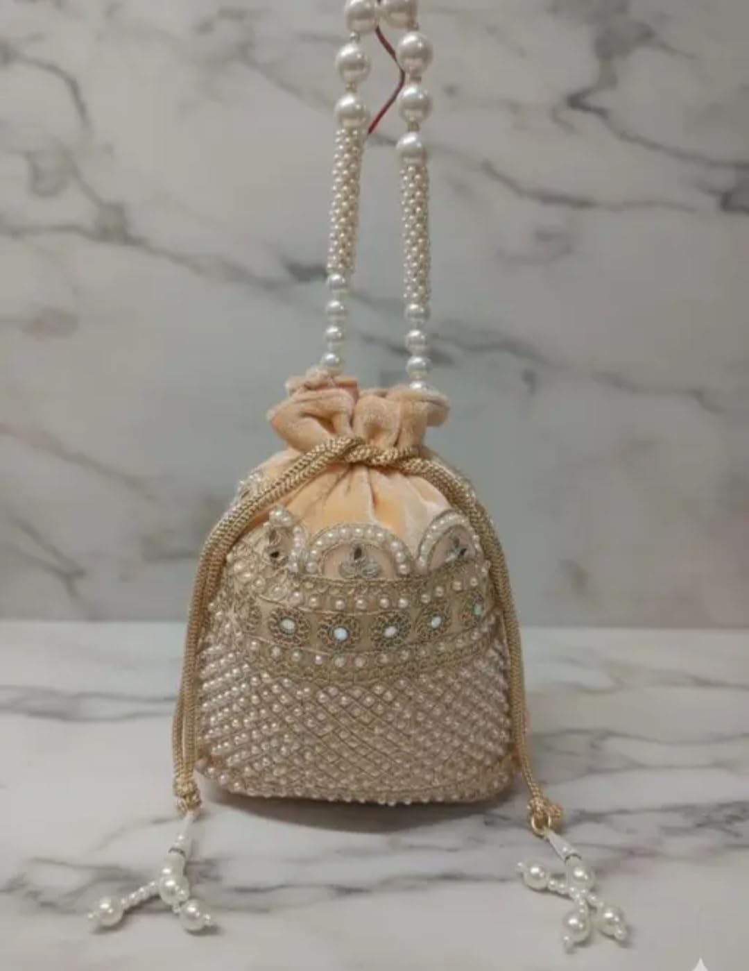Pearl Embellished Potliie Bag, Cream, Beaded Wristlet, Ethnic Bridal Clutch Purse for Women