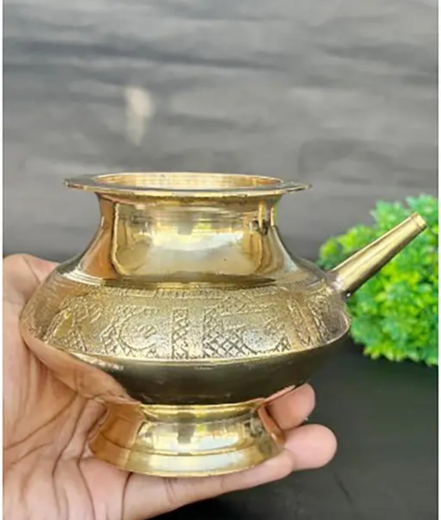 Brass Decorative Flower Vase, Traditional Engraved Design, Gold, Handcrafted Metal, Round Shape