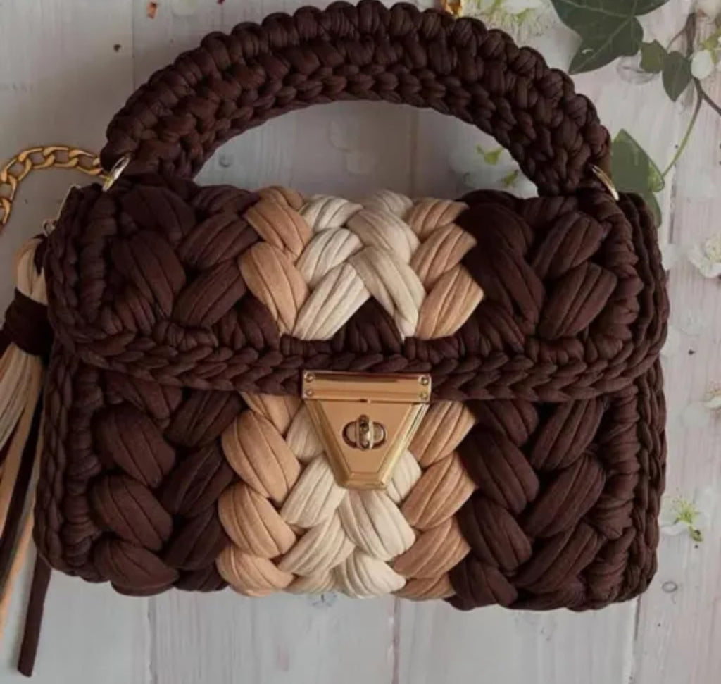 Handmade Crochet Crossbody Handbag, Brown and Beige Woven Pattern, Metal Clasp