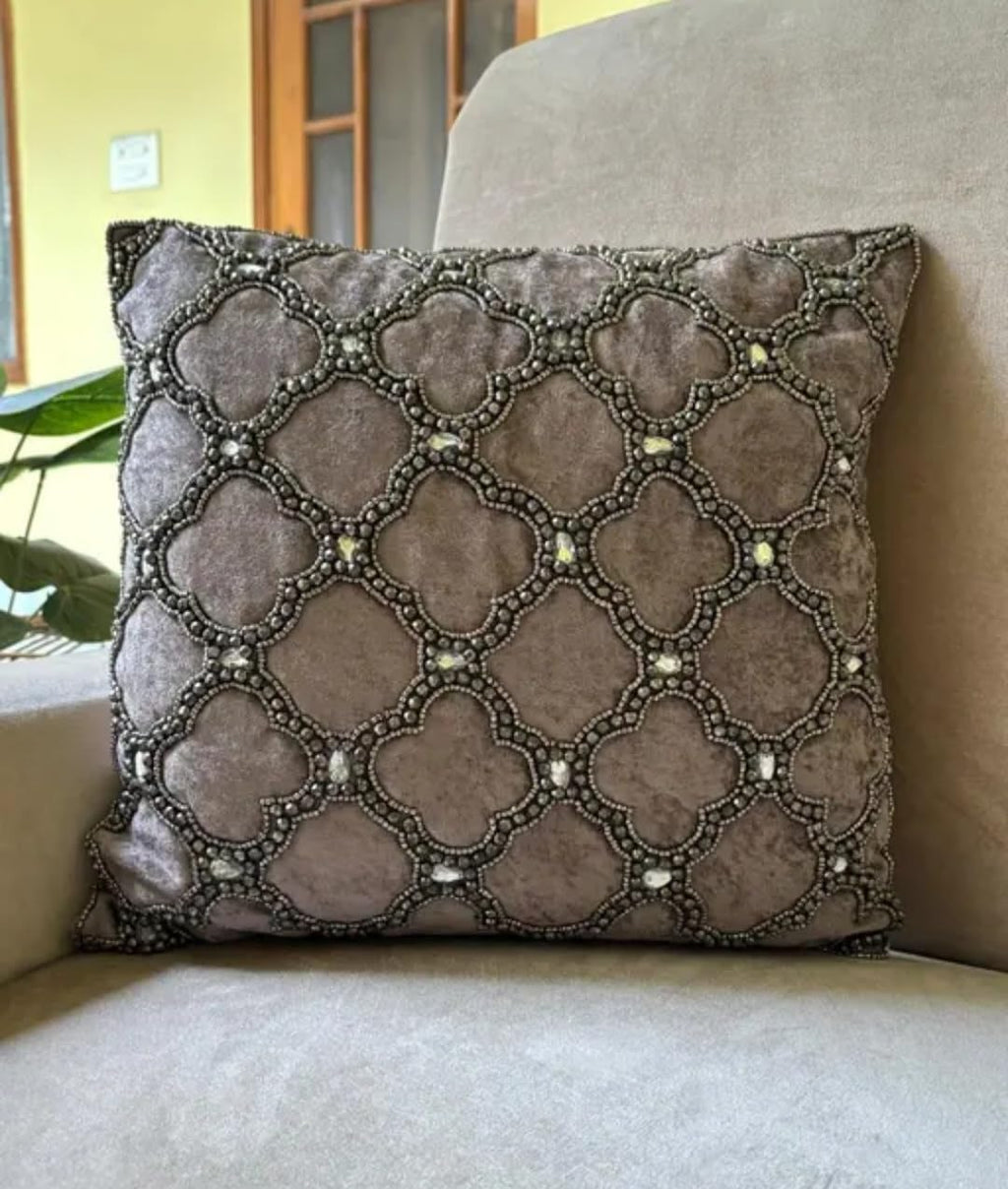 Velvet Throw Pillow Cover with Beaded Quatrefoil Pattern, Grey, Decorative Cushion Cover