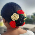 Crochet Rose Hair Accessories, Red and Cream Floral Bun Pins, Handmade Knit Flower Hair Clips