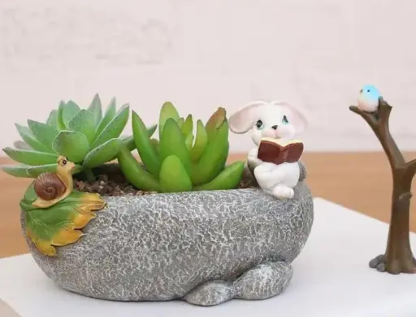 Cute Bunny Succulent Planter, Gray Stone-Look Decorative Plant Pot, Indoor Garden Home Decor with Tree Branch
