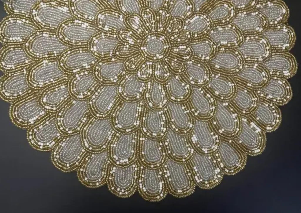Gold Beaded Handmade Placemat, Round, Scalloped Edge, Glass Beads, Elegant Table Decor