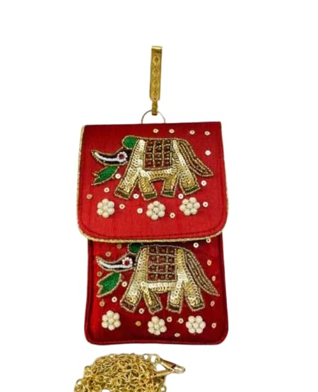 Embroidered Elephant Crossbody Bag, Red, Sequin Beadwork, Gold Chain Strap, Ethnic Boho Style