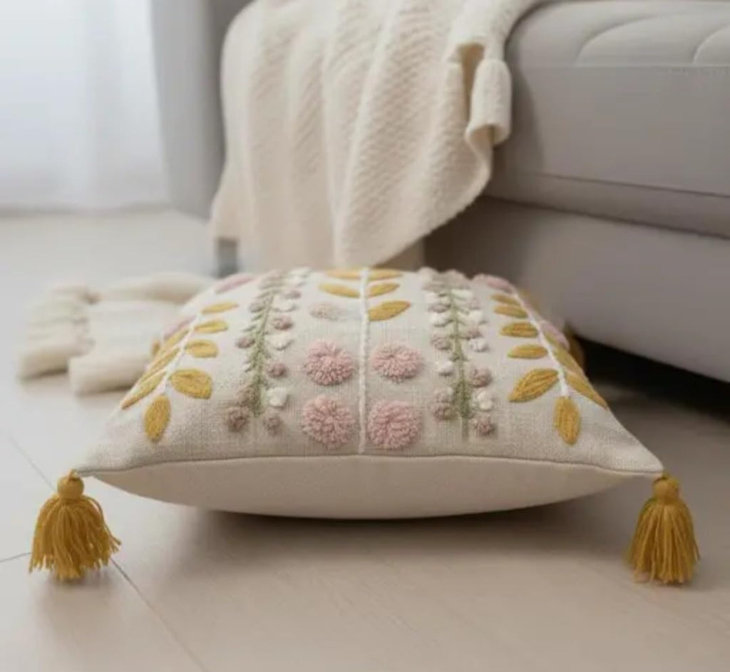 Handmade Boho Floral Embroidered Throw Pillow Cover with Tassels, Beige, Pink and Mustard, Decorative Cushion Case