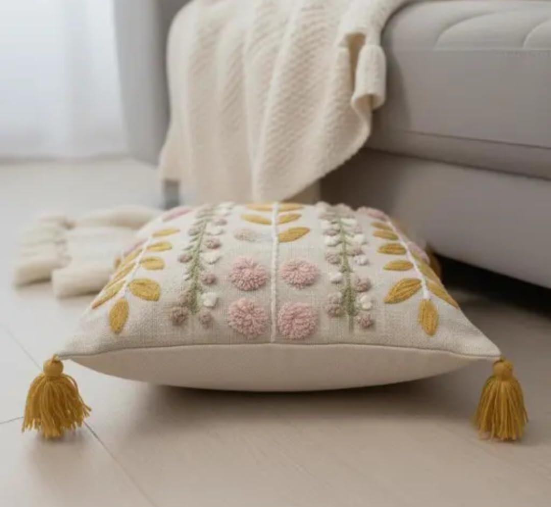 Handmade Boho Floral Embroidered Throw Pillow Cover with Tassels, Beige, Pink and Mustard, Decorative Cushion Case