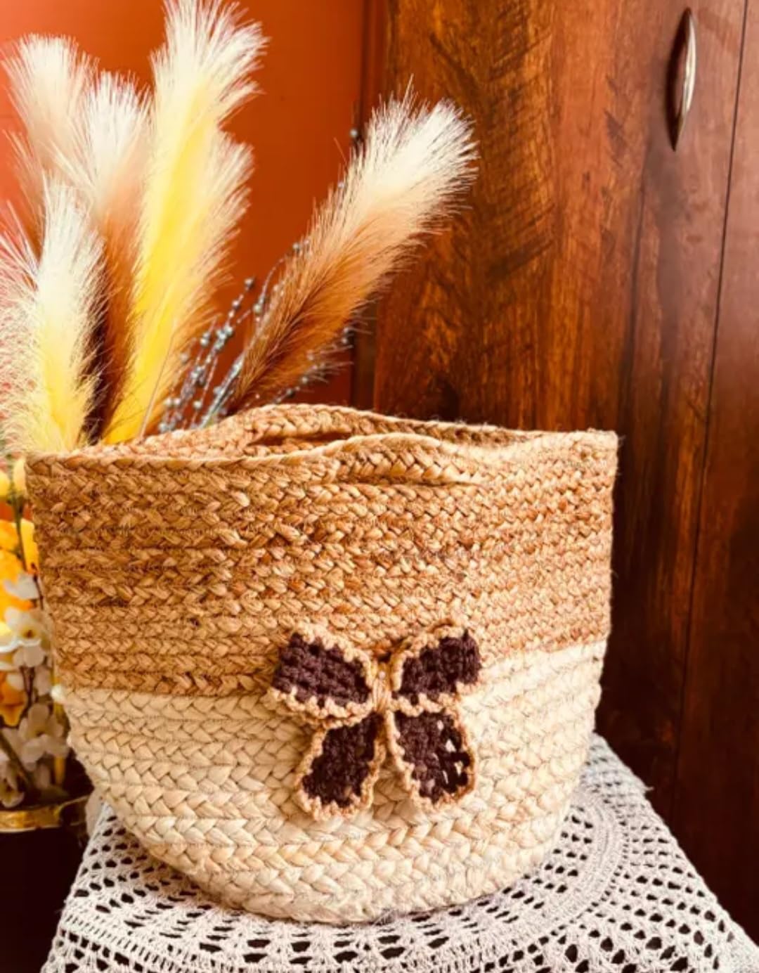 Handwoven Jute Storage Basket with Crochet Butterfly Detail, Natural Beige and Brown, Boho Style