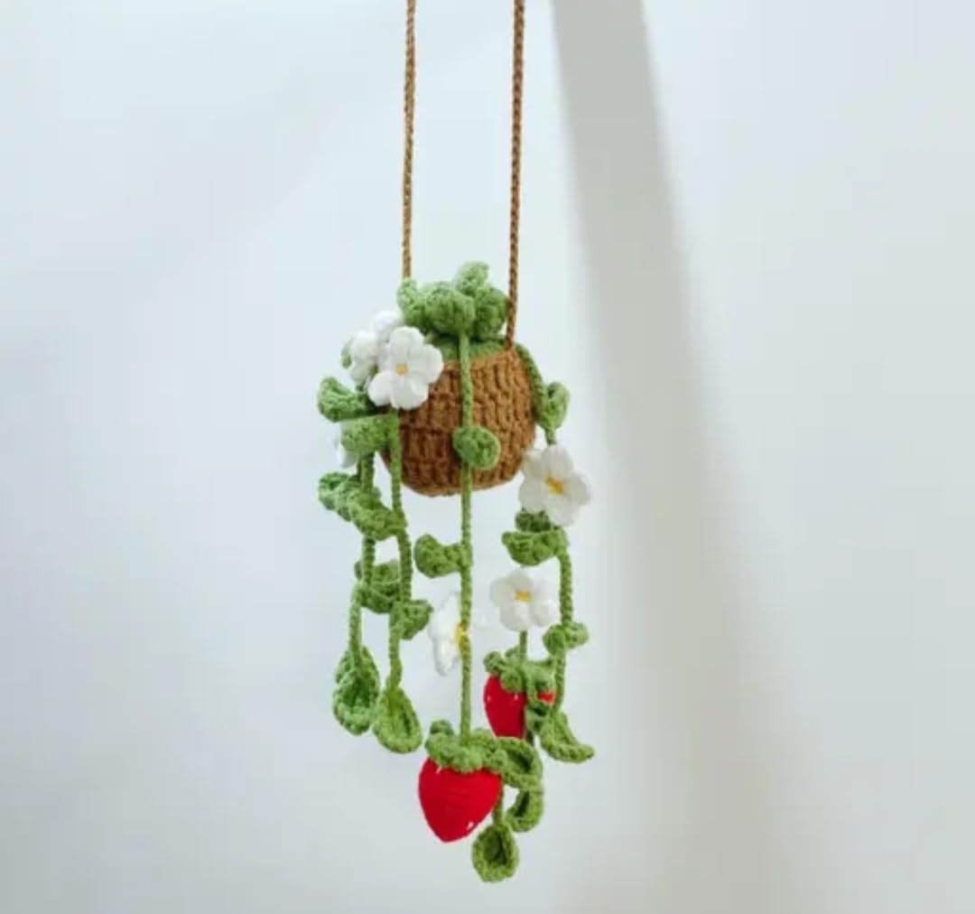 Crochet Hanging Strawberry Plant, Handmade Knitted Decor with White Flowers, Boho Home Ornament