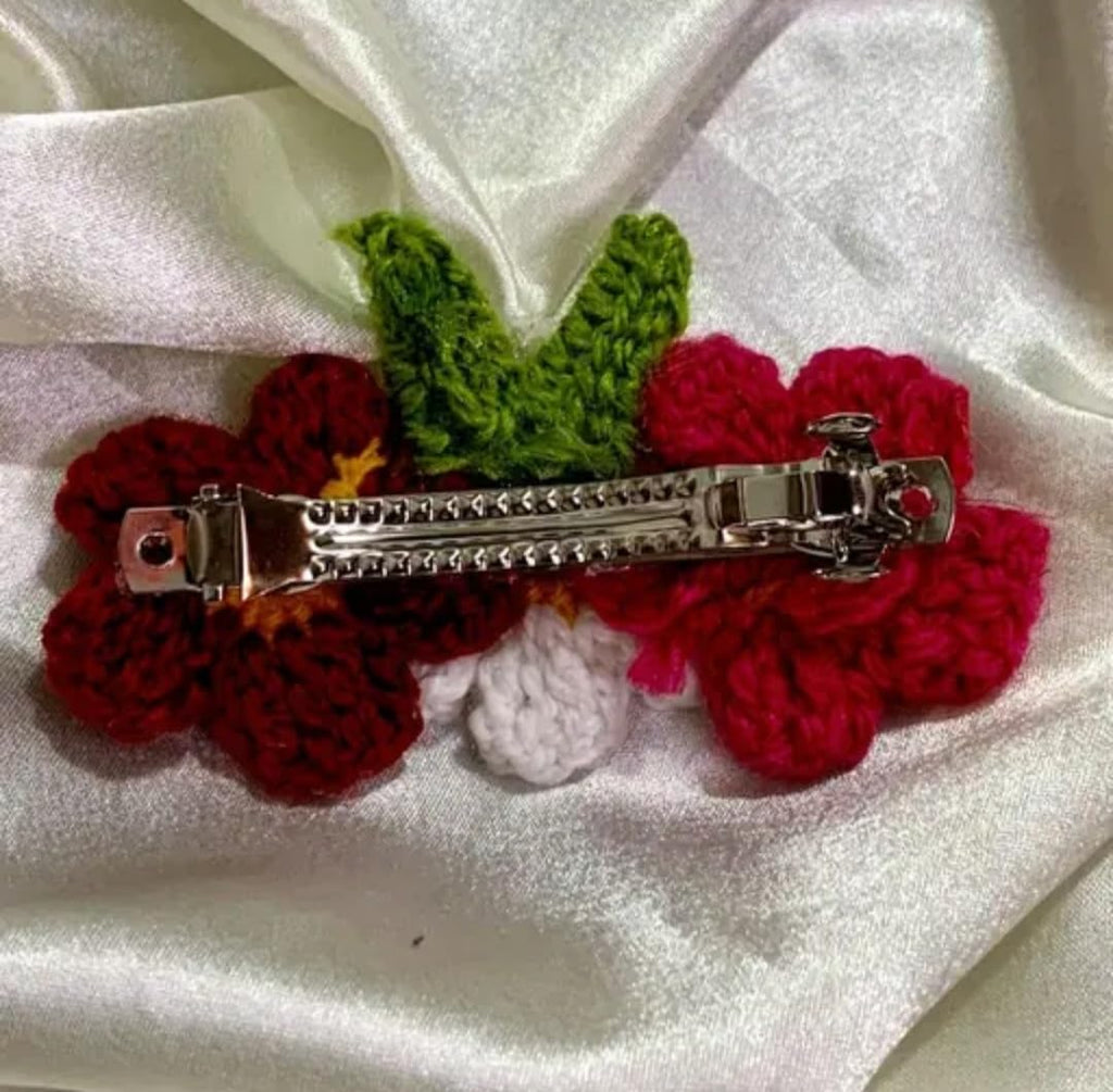 Handmade Crochet Flower Hair Accessory with Pearl Centers, White, Pink, Burgundy, Green Leaves