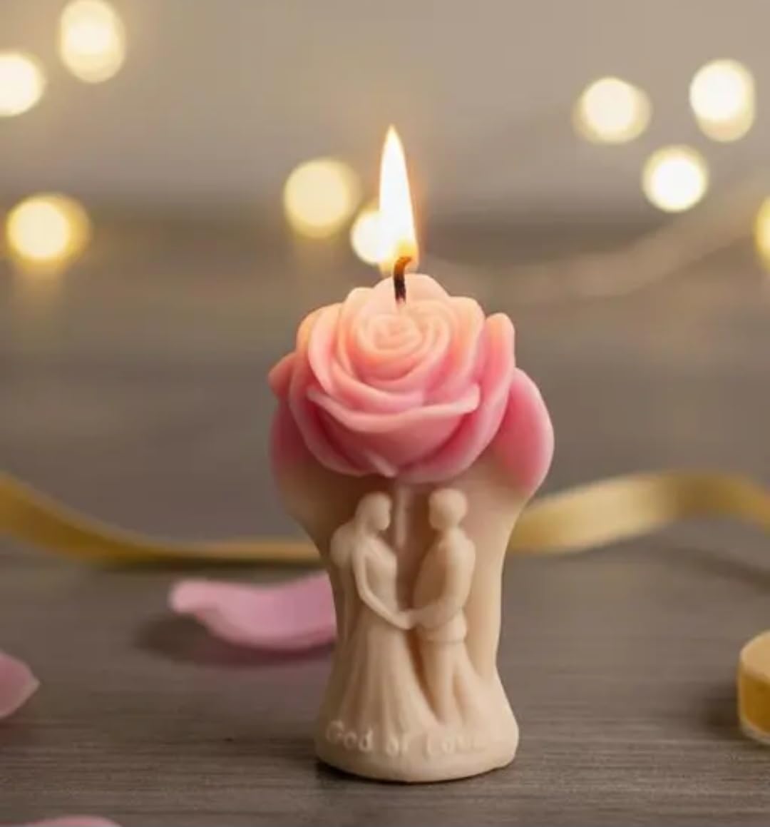 Decorative Candle Set, Rose Hand Holding Flower with Heart-Shaped Tea Lights, Pink and White, Romantic Theme