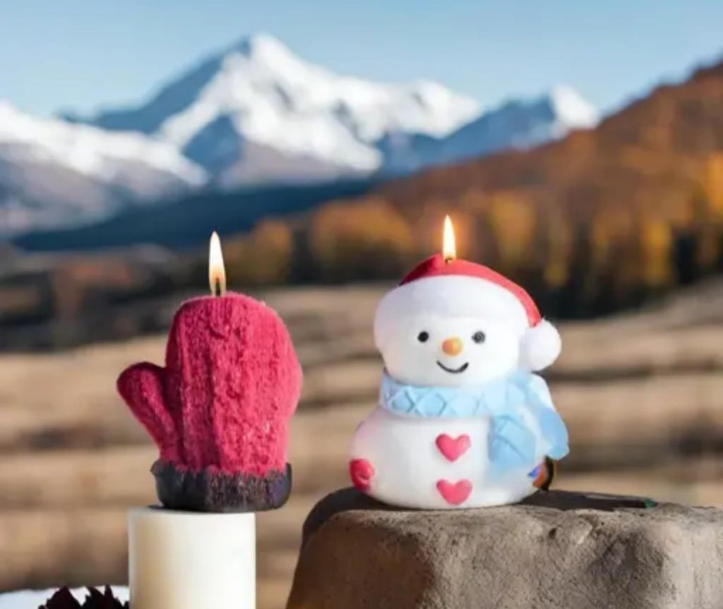 Holiday Snowman and Red Mitten Candle Set, Christmas Decorative Candles, 2 Pieces