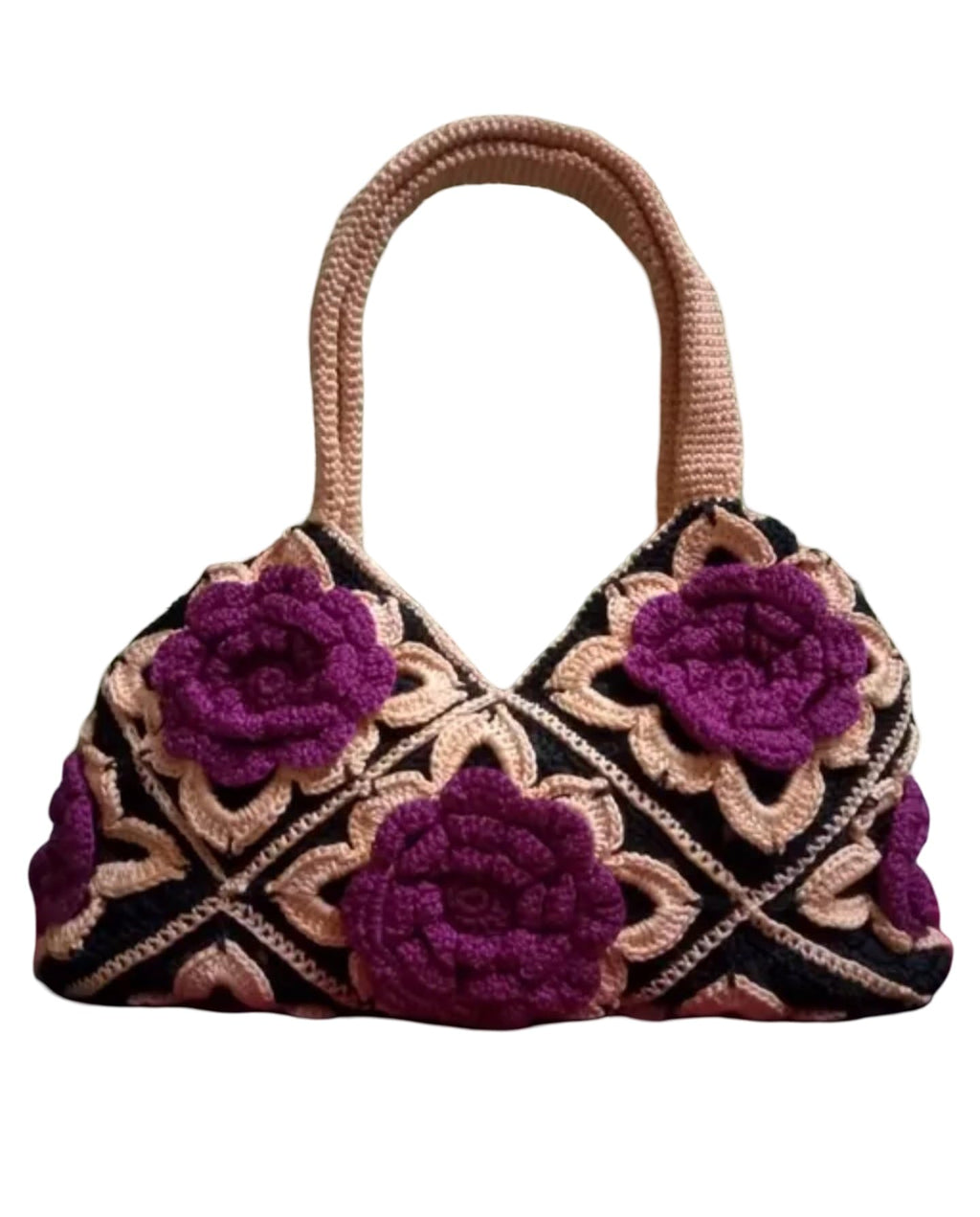 Handmade Crochet Handbag with Purple Floral Design, Black and Peach Pattern, Decorative Roses