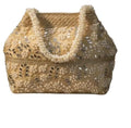 Pearl Beaded Handbag, Cream Gold, Mirror Work Embroidery, Floral Design, Bridal Tote Bag