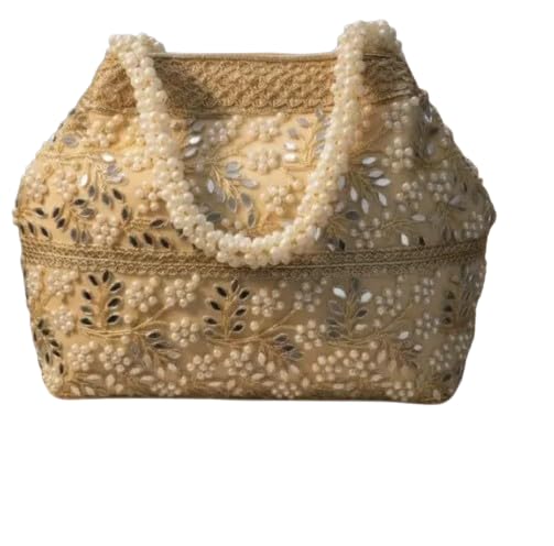 Pearl Beaded Handbag, Cream Gold, Mirror Work Embroidery, Floral Design, Bridal Tote Bag