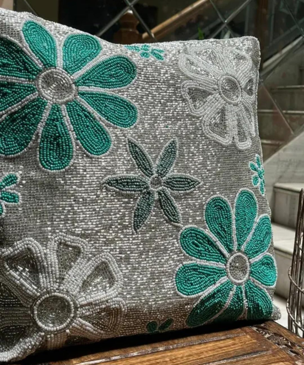 Beaded Floral Throw Pillow Cover, Teal and Silver, Flower Embroidered Decorative Cushion Cover