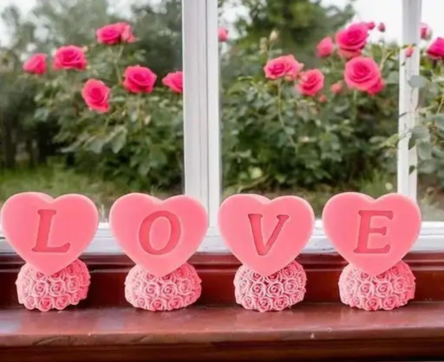 Heart shapped love candle,Pink Heart-Shaped LOVE Letter Decorative Ornaments with Rose Base, Set of 4, Valentine's Day Home Decor
