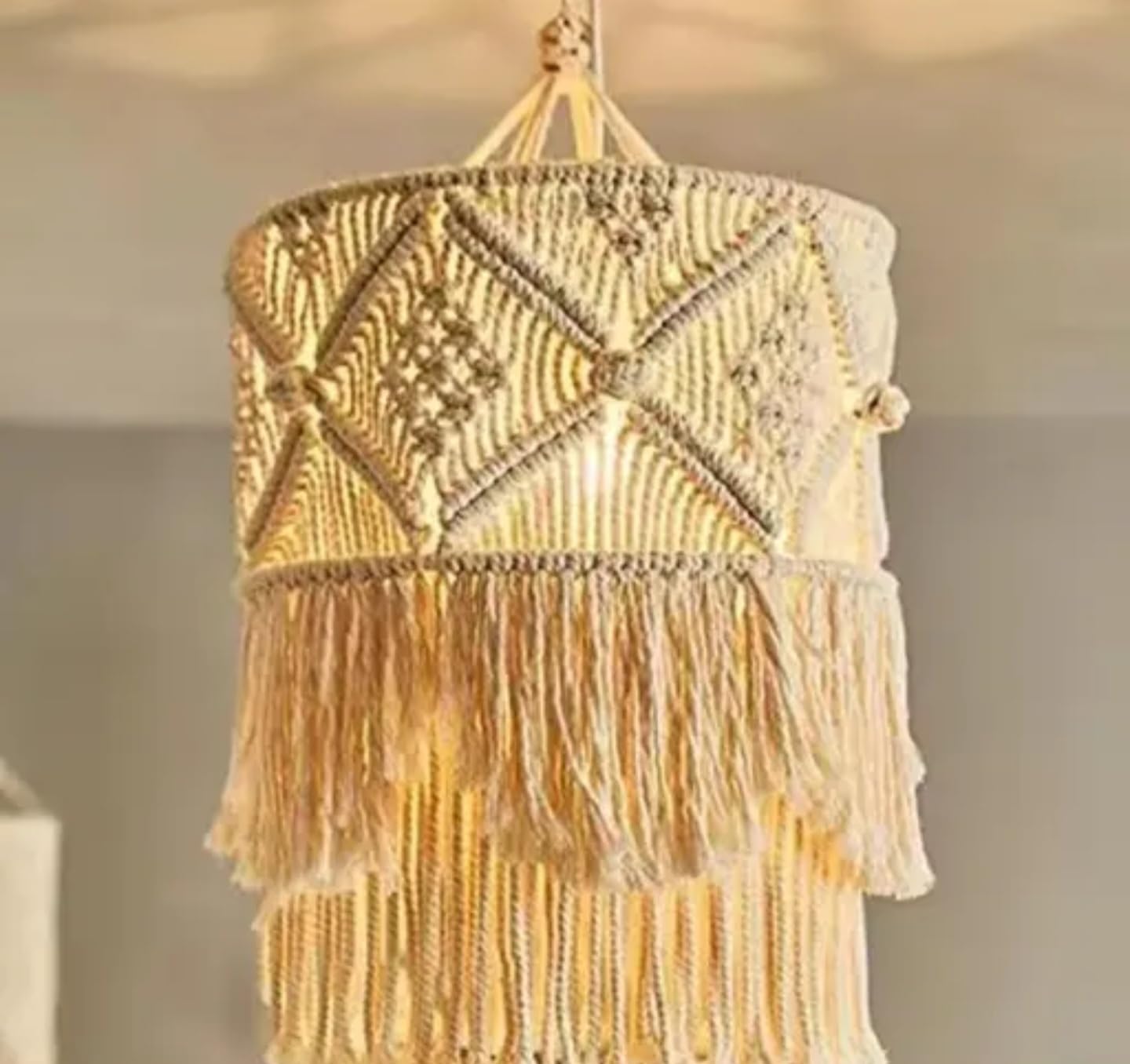 Macrame Wall Hanging, Boho Woven Tapestry, White Cotton Rope with Geometric Pattern, Handmade Home Decor