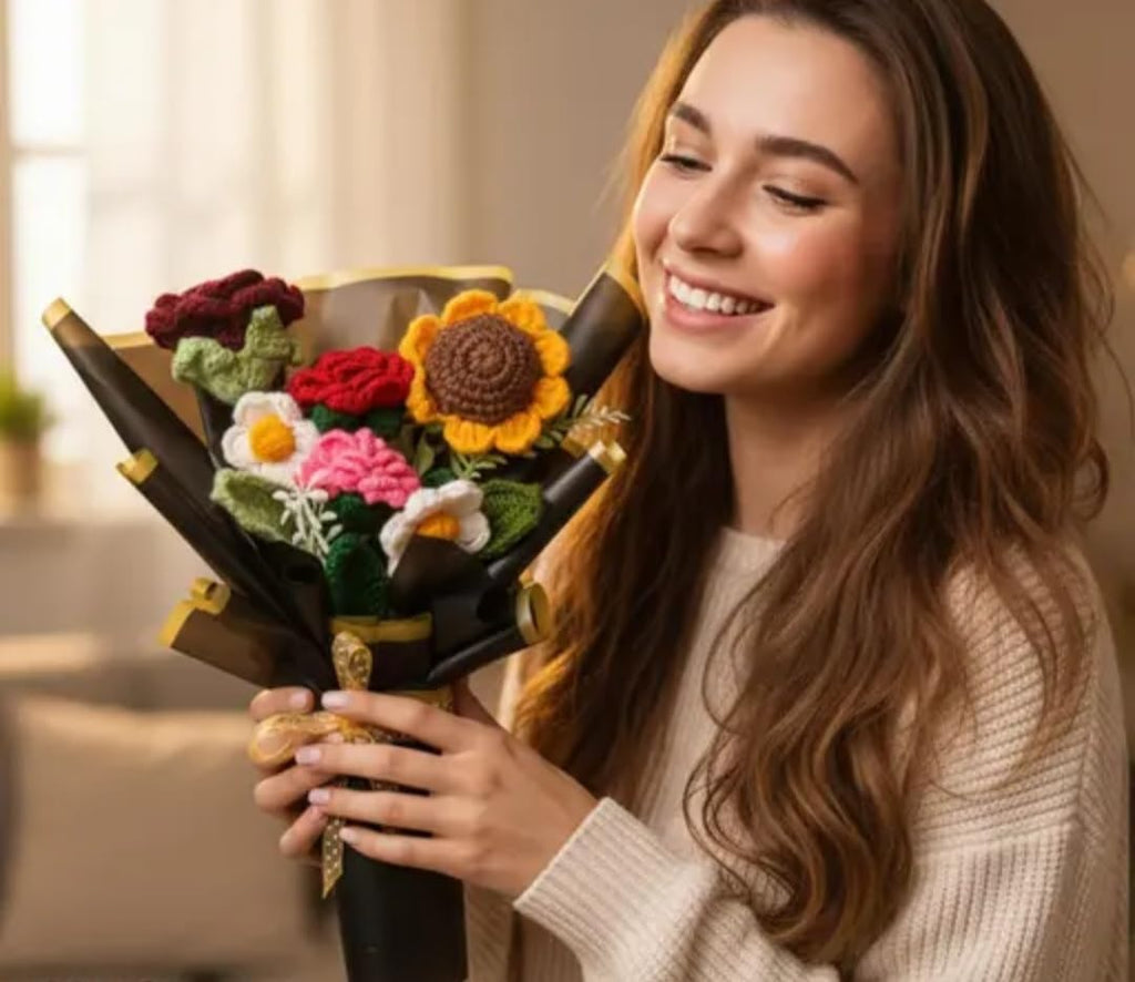 Handmade Crochet Flower Bouquet, Mixed Flowers with Sunflower and Roses
