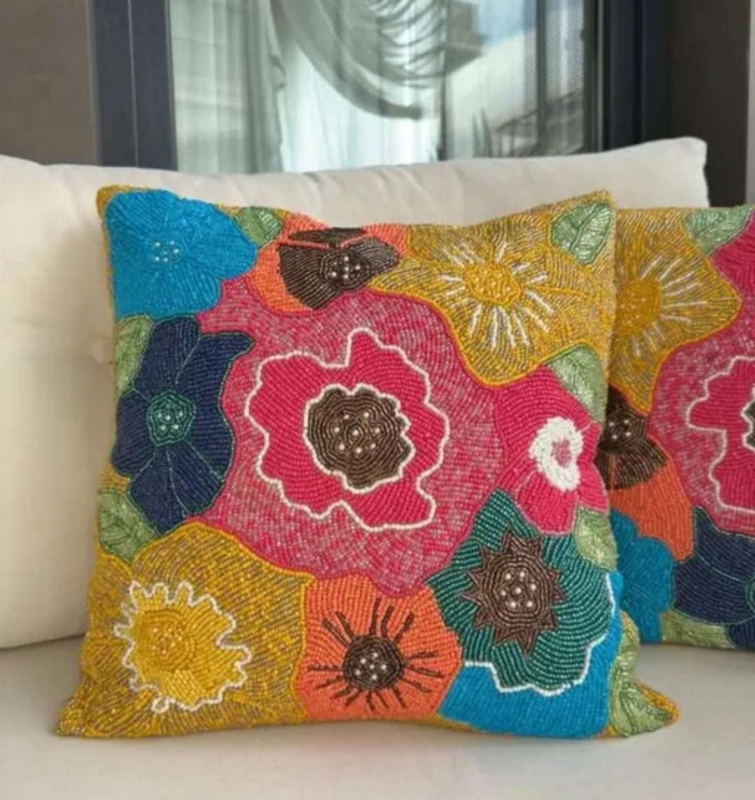 Beaded Floral Throw Pillow Cover, Multicolor, Handcrafted Seed Bead Embroidery, Decorative Cushion Cover