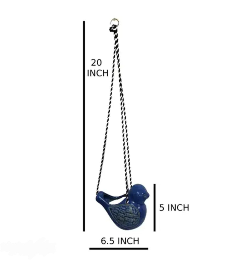 Decorative Ceramic Bird Hanging Planter, Blue with Ornate Pattern, Indoor Plant Holder with Rope, Floral Design