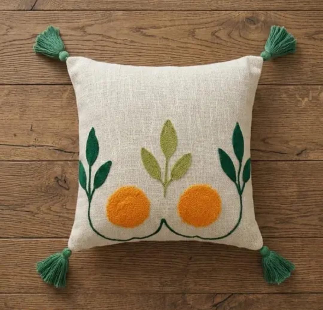Handcrafted Throw Pillow Cover with Green Tassels, Botanical Orange Fruit Design, Cream Cotton Linen