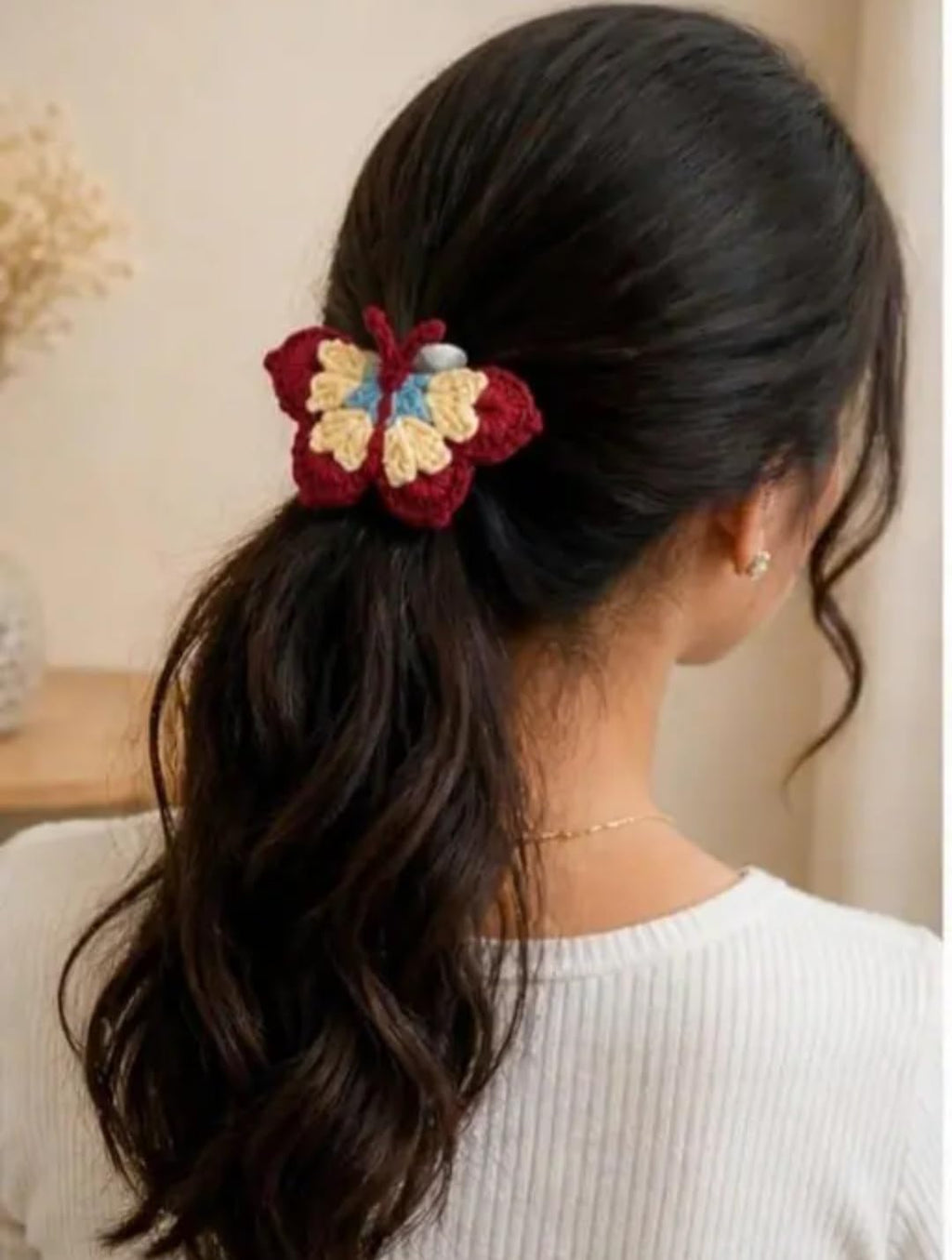 Crochet Butterfly Hair Scrunchie, Handmade Knit Hair Tie, Boho Style, Red and Cream