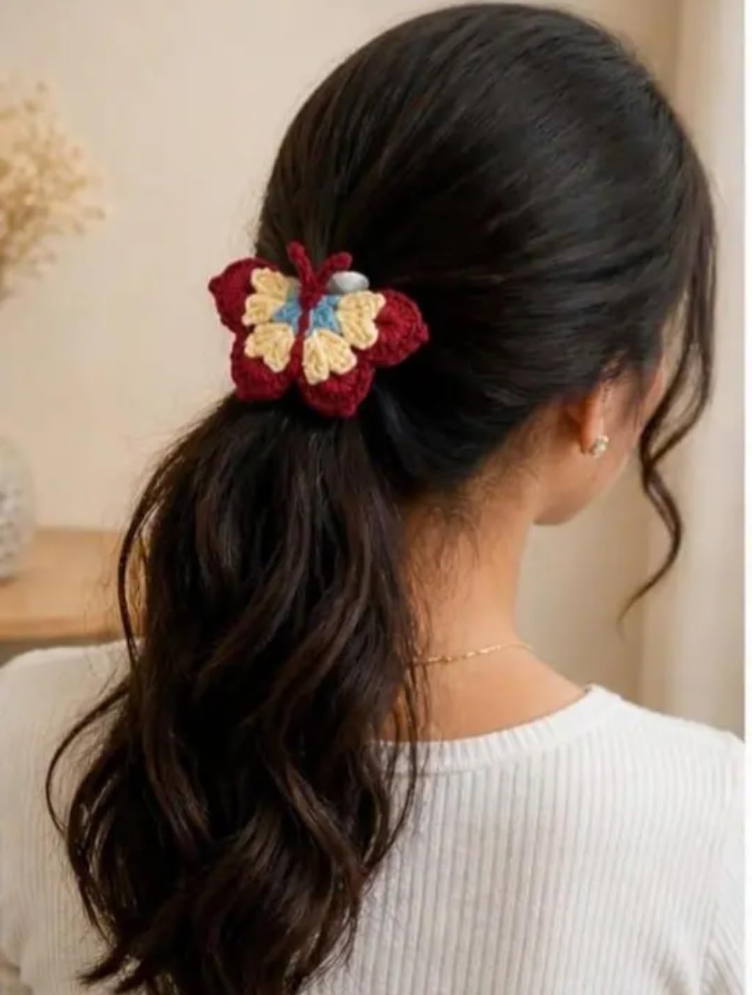 Crochet Butterfly Hair Scrunchie, Handmade Knit Hair Tie, Boho Style, Red and Cream