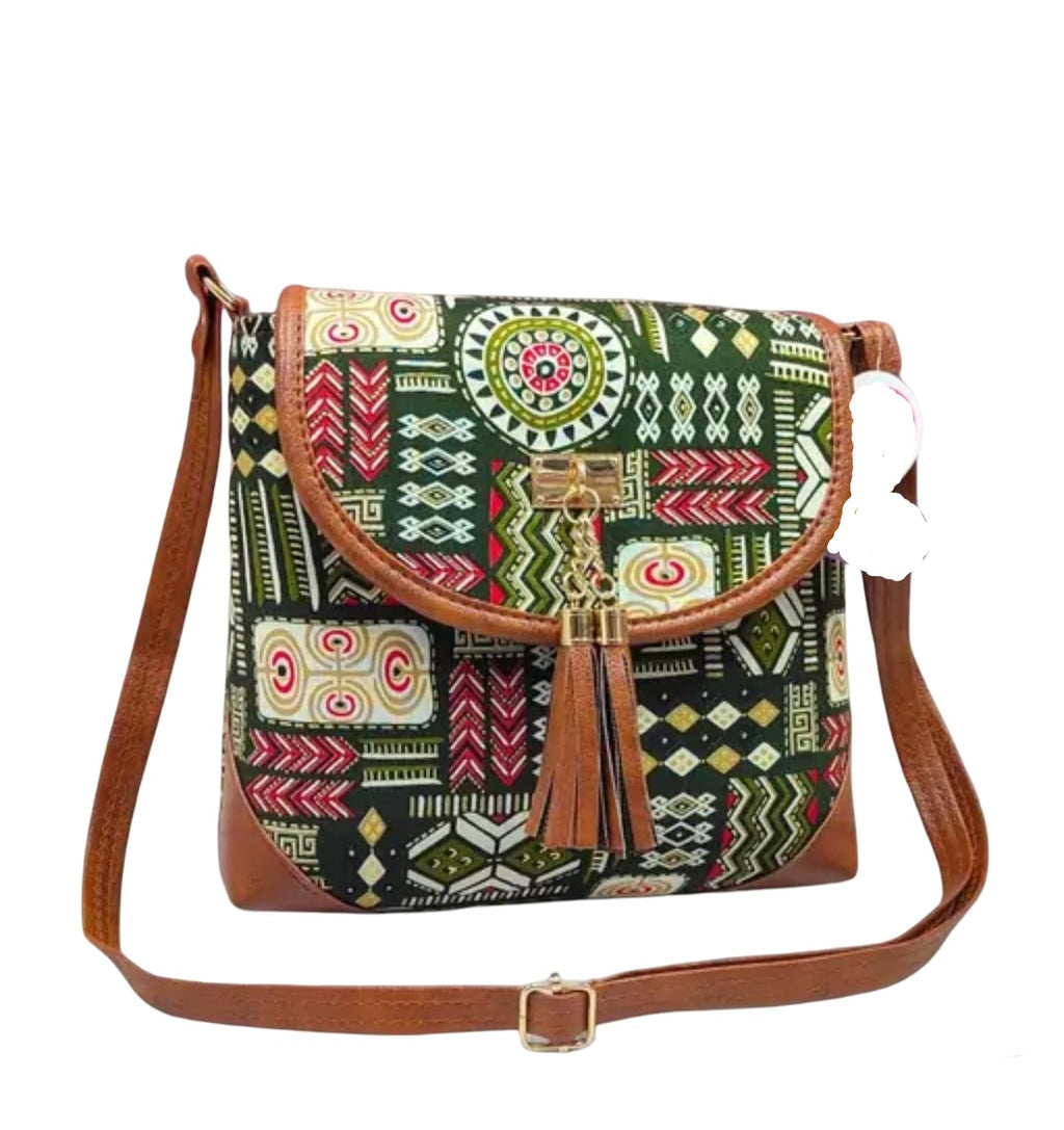 Bohemian Crossbody Bag, Tribal Print Canvas with Brown Leather Trim, Green Multi-Pattern with Tassel