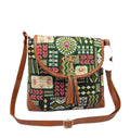Bohemian Crossbody Bag, Tribal Print Canvas with Brown Leather Trim, Green Multi-Pattern with Tassel