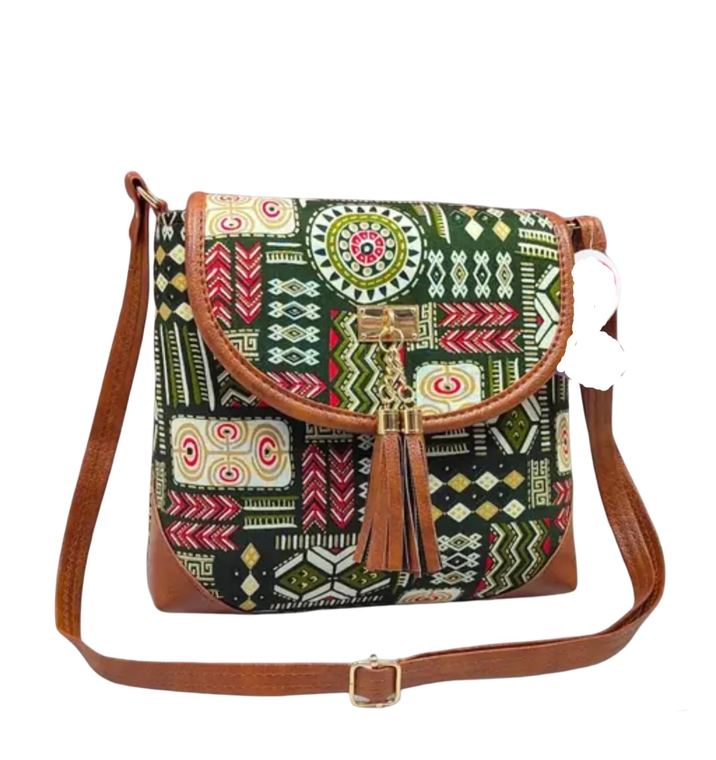 Bohemian Crossbody Bag, Tribal Print Canvas with Brown Leather Trim, Green Multi-Pattern with Tassel