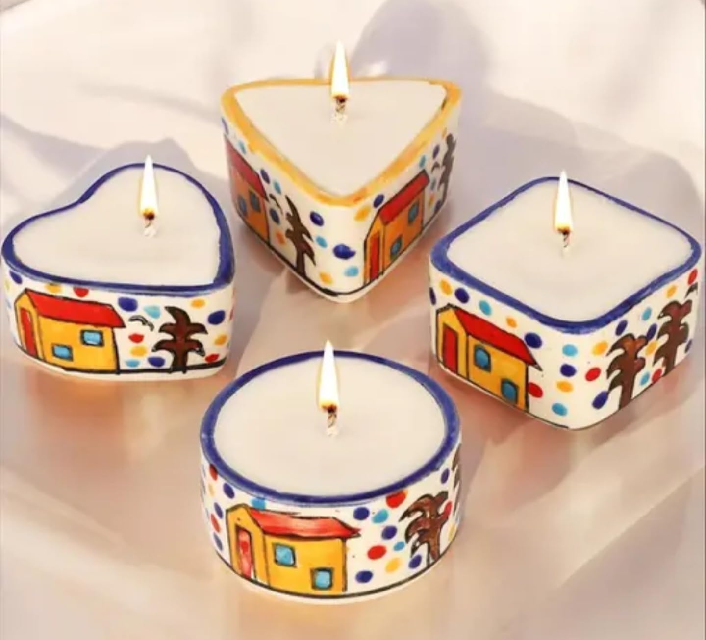Traditional handmade candle, Handcrafted Decorative Ceramic Candles, House and Palm Tree Design, White with Colorful Patterns, Heart and Square Shapes, Set of 4