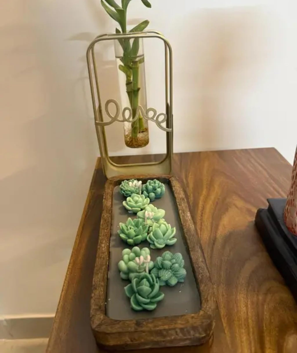 Succulent candle Wooden tray big size, Decorative Wooden Tray candle of Green Succulent Wax, Rustic Farmhouse Style, Handcrafted Home Decor candle