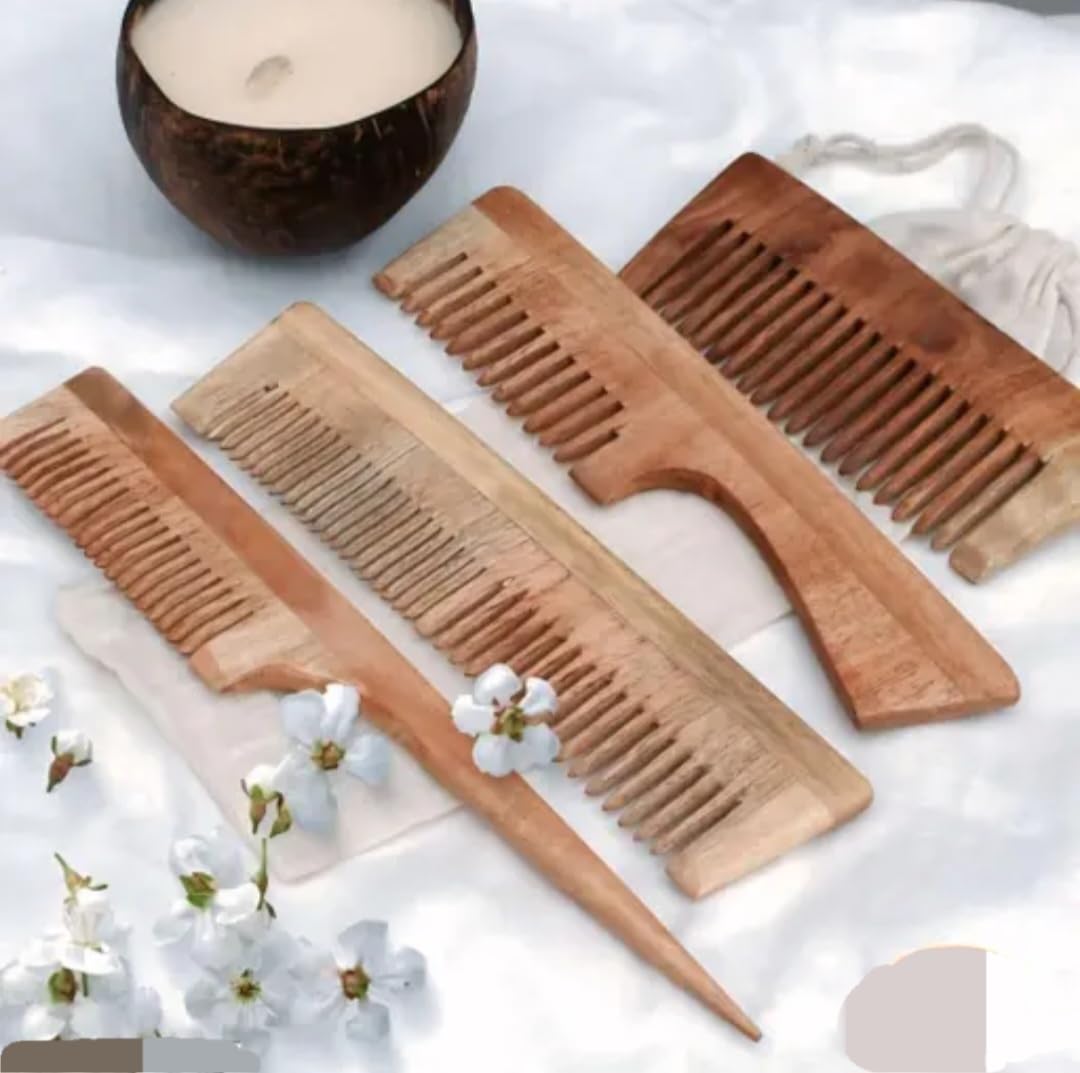Wooden Hair Combs Set, Natural Wood, Wide Tooth and Fine Tooth, 4 Piece Set, Hair Care Styling