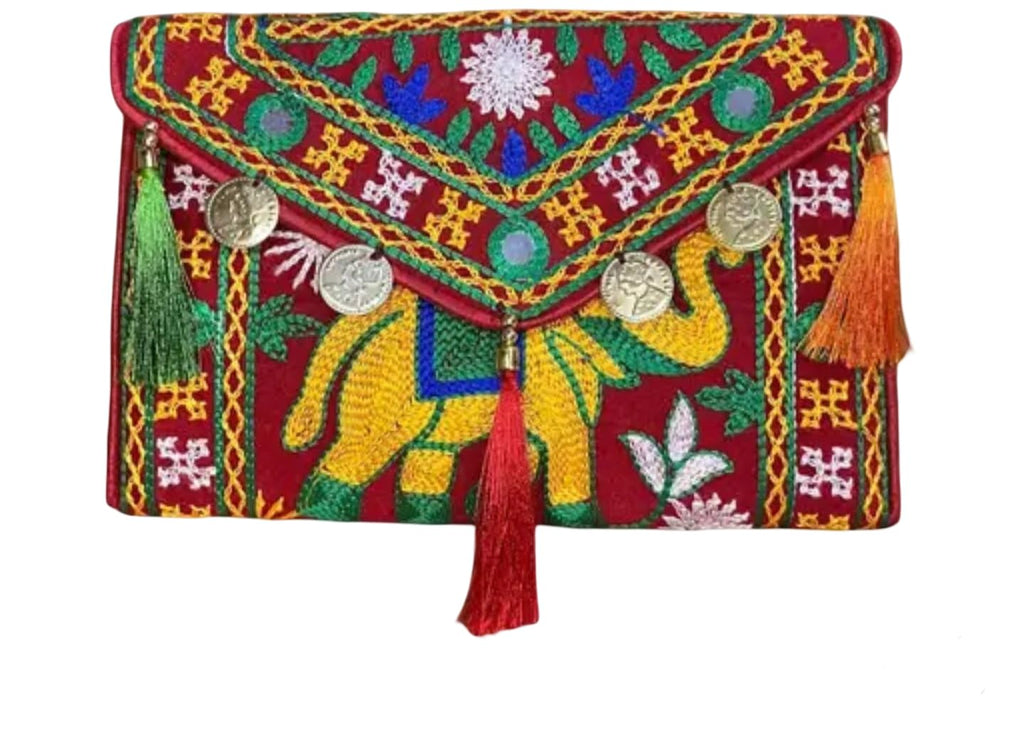 Traditional Embroidered Clutch Purse with Coin Tassels, Bohemian Pattern, Red and Multicolour, eco-friendly