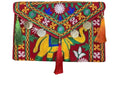 Traditional Embroidered Clutch Purse with Coin Tassels, Bohemian Pattern, Red and Multicolour, eco-friendly