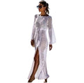 Women's Crochet Beach Cover-Up Maxi Dress, White, Long Sleeve, Side Slit, Swimsuit Coverup