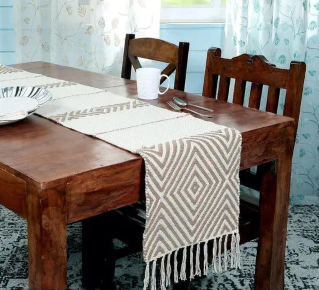 Boho Table Runner with Fringe, Cream and Beige, Diamond Pattern, Woven Cotton, Dining Table Decor