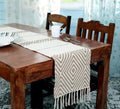 Boho Table Runner with Fringe, Cream and Beige, Diamond Pattern, Woven Cotton, Dining Table Decor