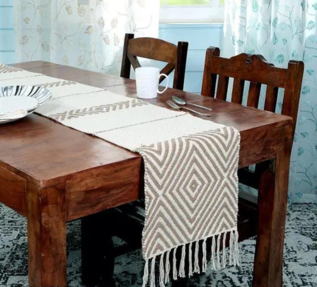 Boho Table Runner with Fringe, Cream and Beige, Diamond Pattern, Woven Cotton, Dining Table Decor