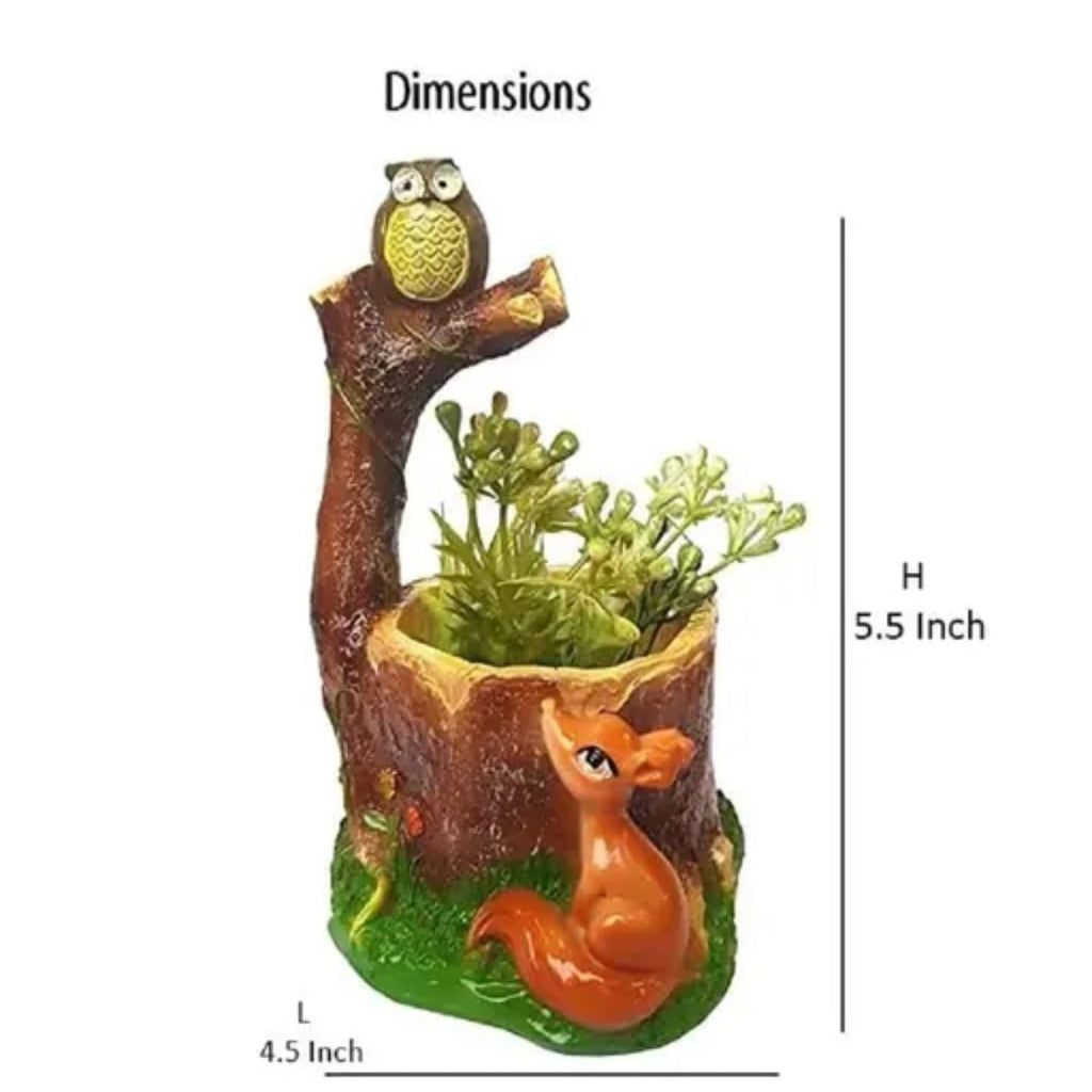 Woodland Forest Animal Succulent Planter Set, Decorative Tree Stump Design with Fox and Squirrel, Mini Garden Pots with Owl, 2 Piece