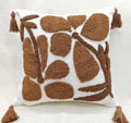 Handmade Boho Throw Pillow Cover, White with Brown Tufted Abstract Design, Tassel Corners, Decorative Cushion Cover