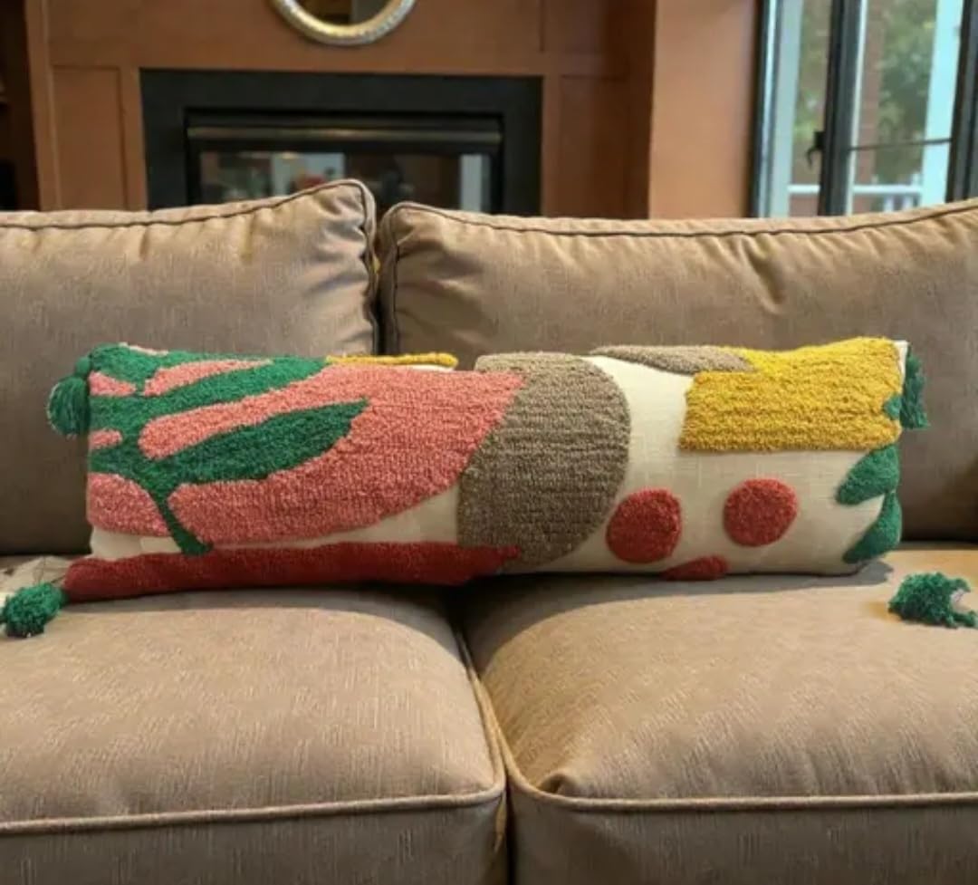 Decorative Lumbar Pillow Cover, Multicolor Abstract Pattern with Tassels, Tufted Design, Green Pink Yellow