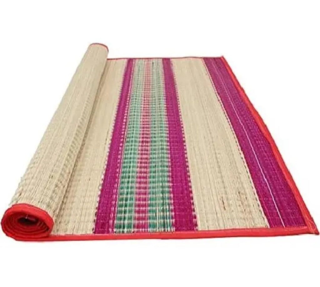 Woven Straw Beach Mat, Multicolor Striped Pattern, Natural and Pink, Rollable Floor Mat