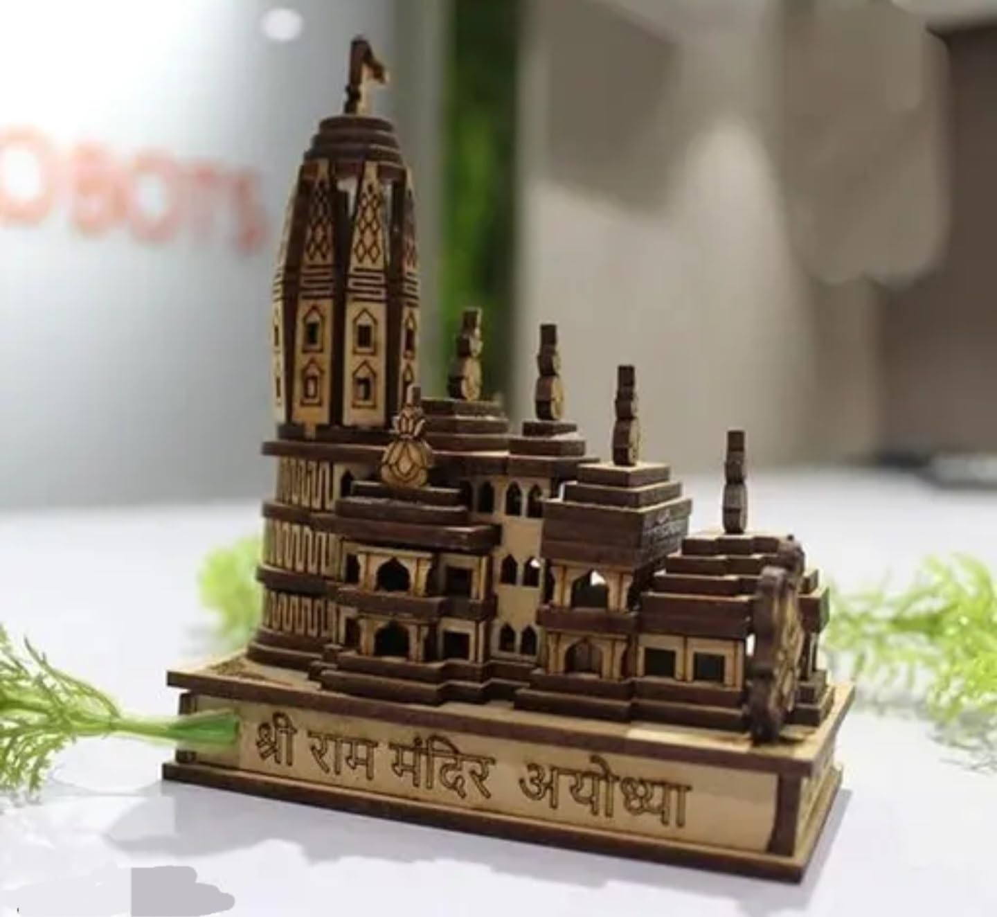 Handcrafted Wooden Temple Model, Ram Mandir, Traditional Mandir Design, Brown and Beige, Decorative Religious Architecture, Desktop Size
