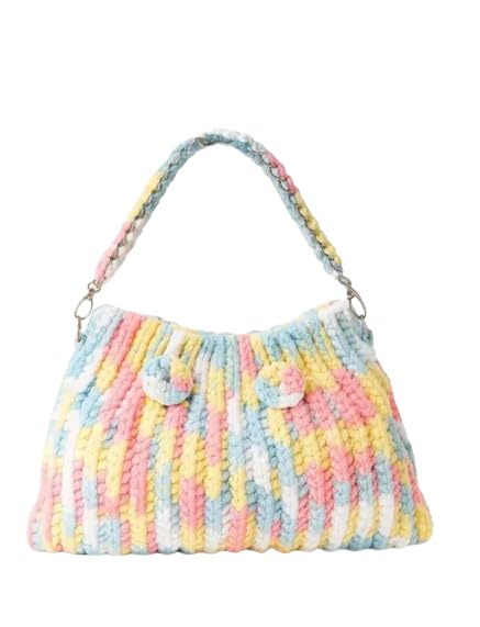 Pastel Multicolor Knit Tote Bag, Chunky Yarn Hobo Handbag with Chain Strap, Striped Crochet Style