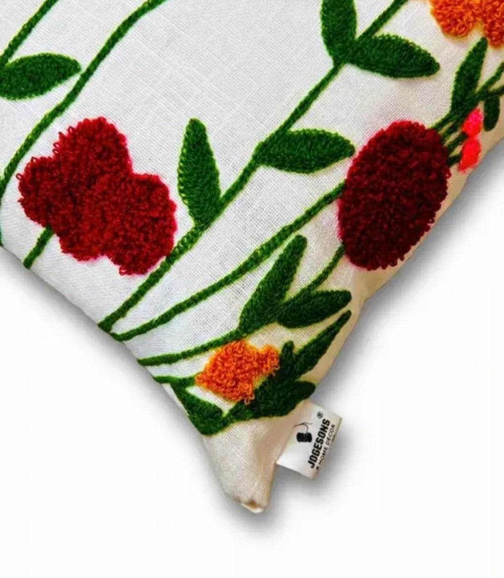 Handcrafted Embroidered Throw Pillow Cover, Multicolor Botanical Garden Design, White Cotton Cushion Cover
